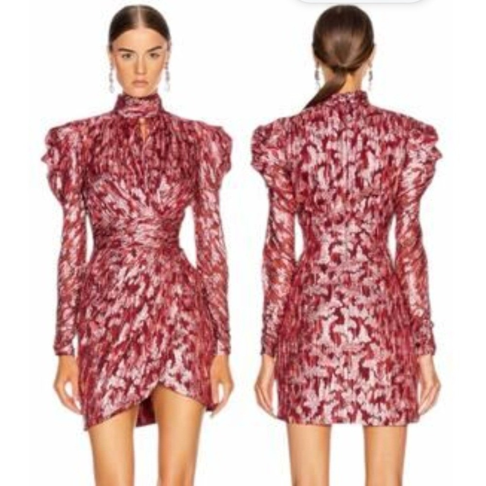 Jonathan Simkhai Mini Dress 2 Burgundy Metallic Silk Puff Sleeve Cocktail Glam